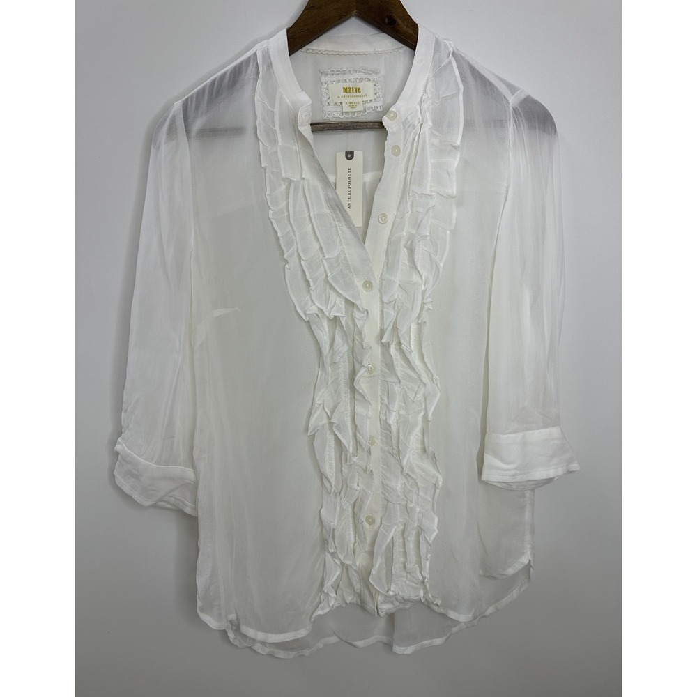New Maeve Anthropologie Lightweight Ruffle Front Mao Shirt Sheer Button White XS - Picture 15 of 16